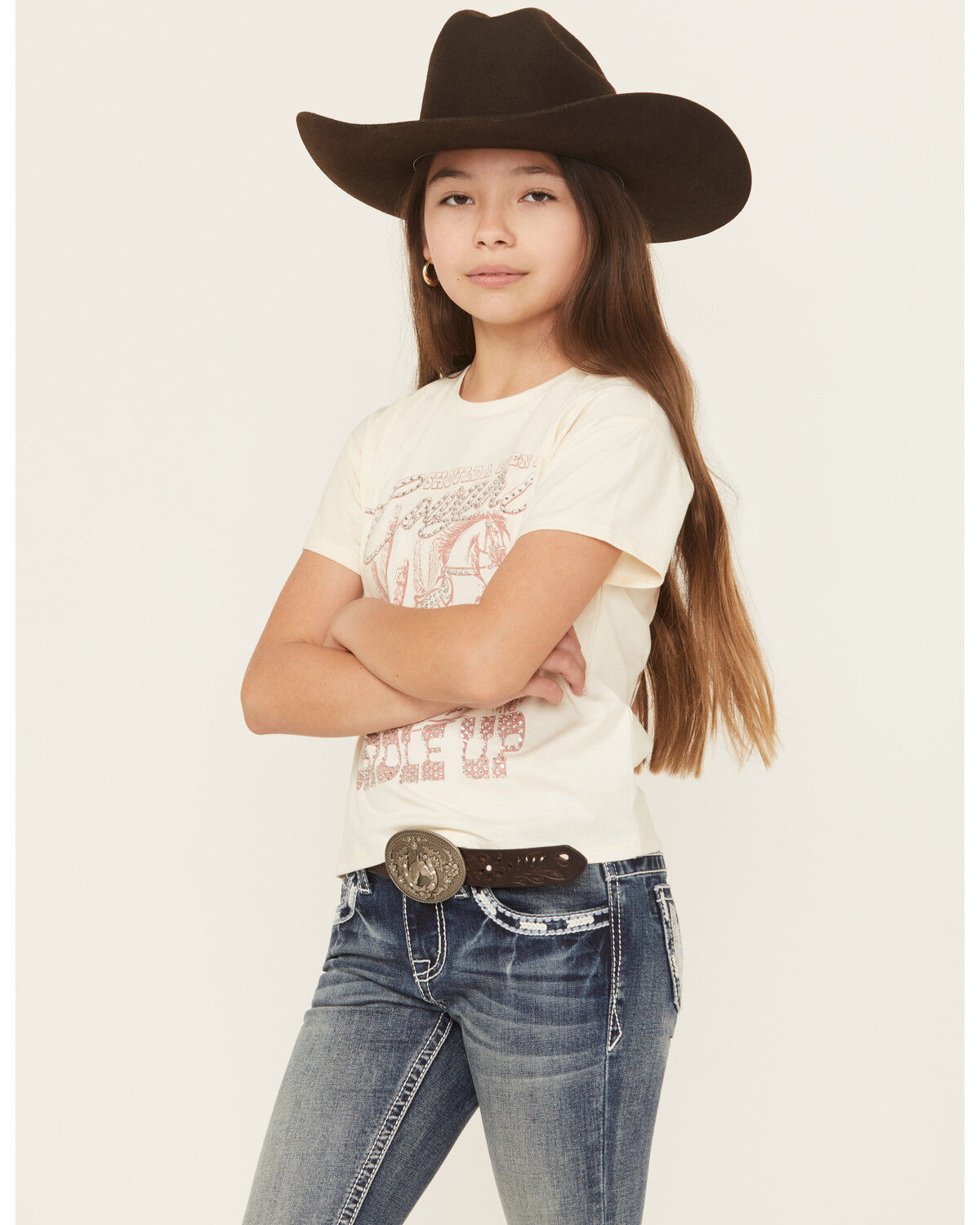 Image #3 - Shyanne Girls' Shoulda Been A Cowgirl Short Sleeve Graphic Tee, Off White, hi-res