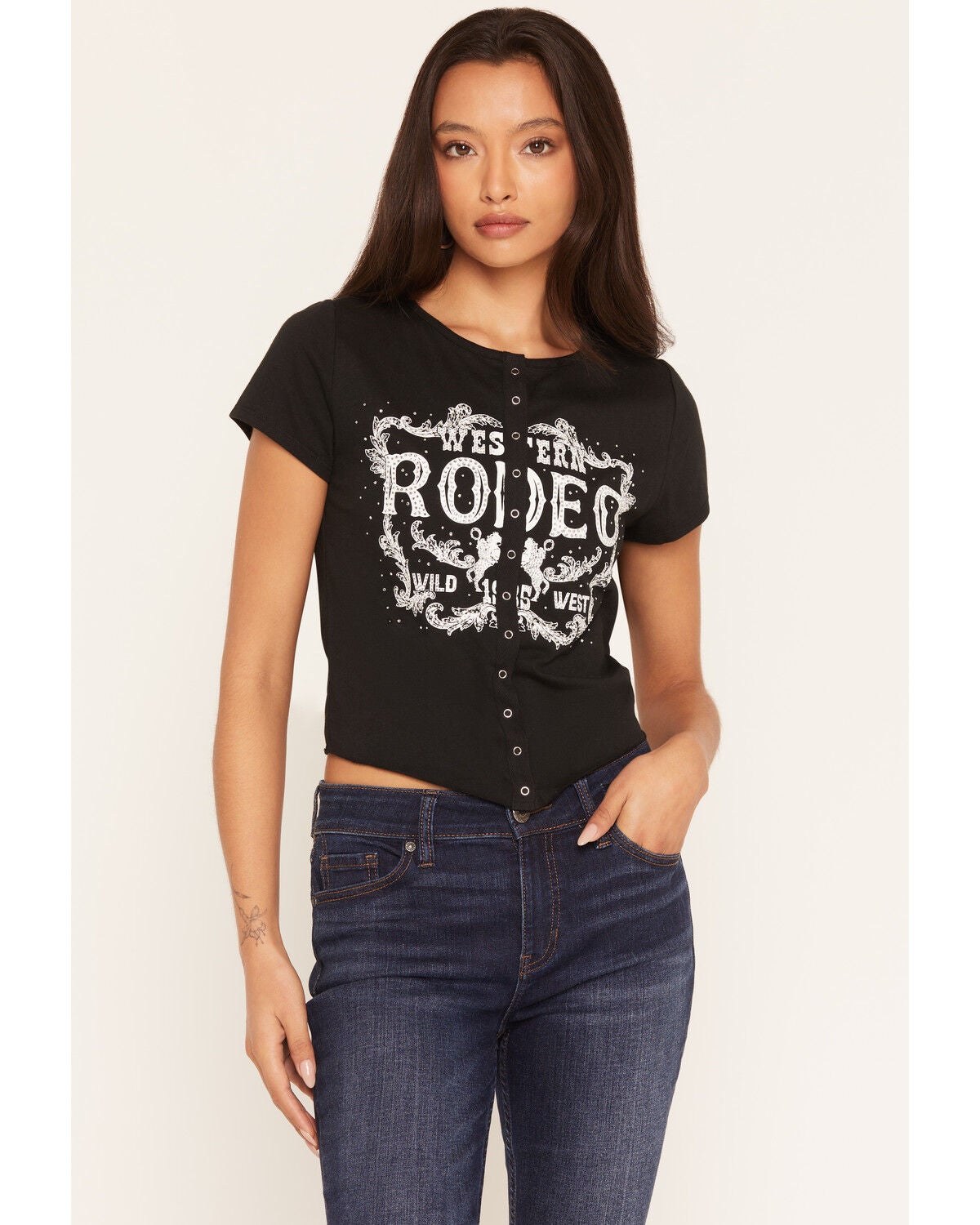 Image #1 - Blended Women's Rodeo Rhinestone Short Sleeve Snap Tee, Black, hi-res