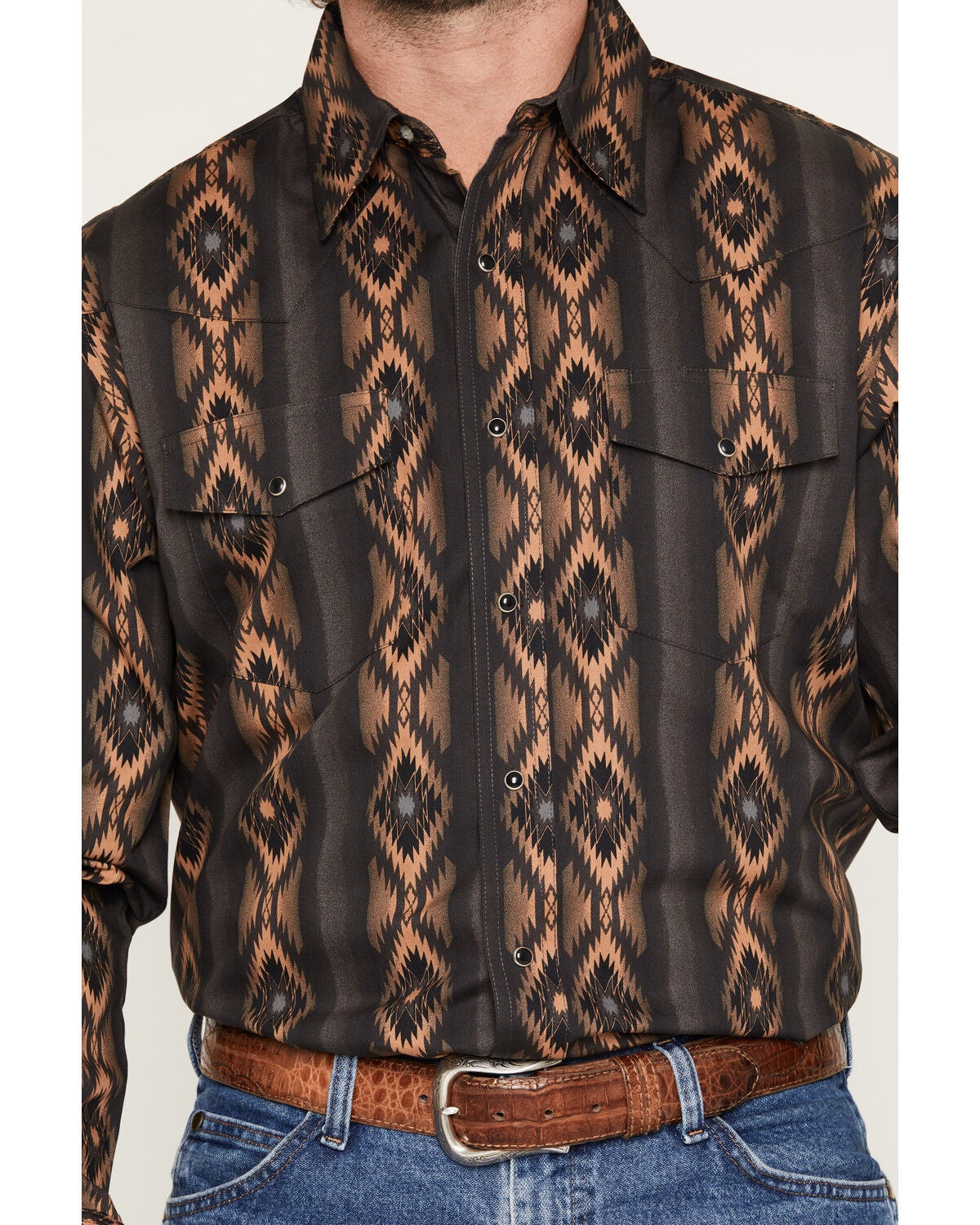 Image #3 - Wrangler Men's Checotah Southwestern Print Long Sleeve Snap Western Shirt - Tall, Black, hi-res