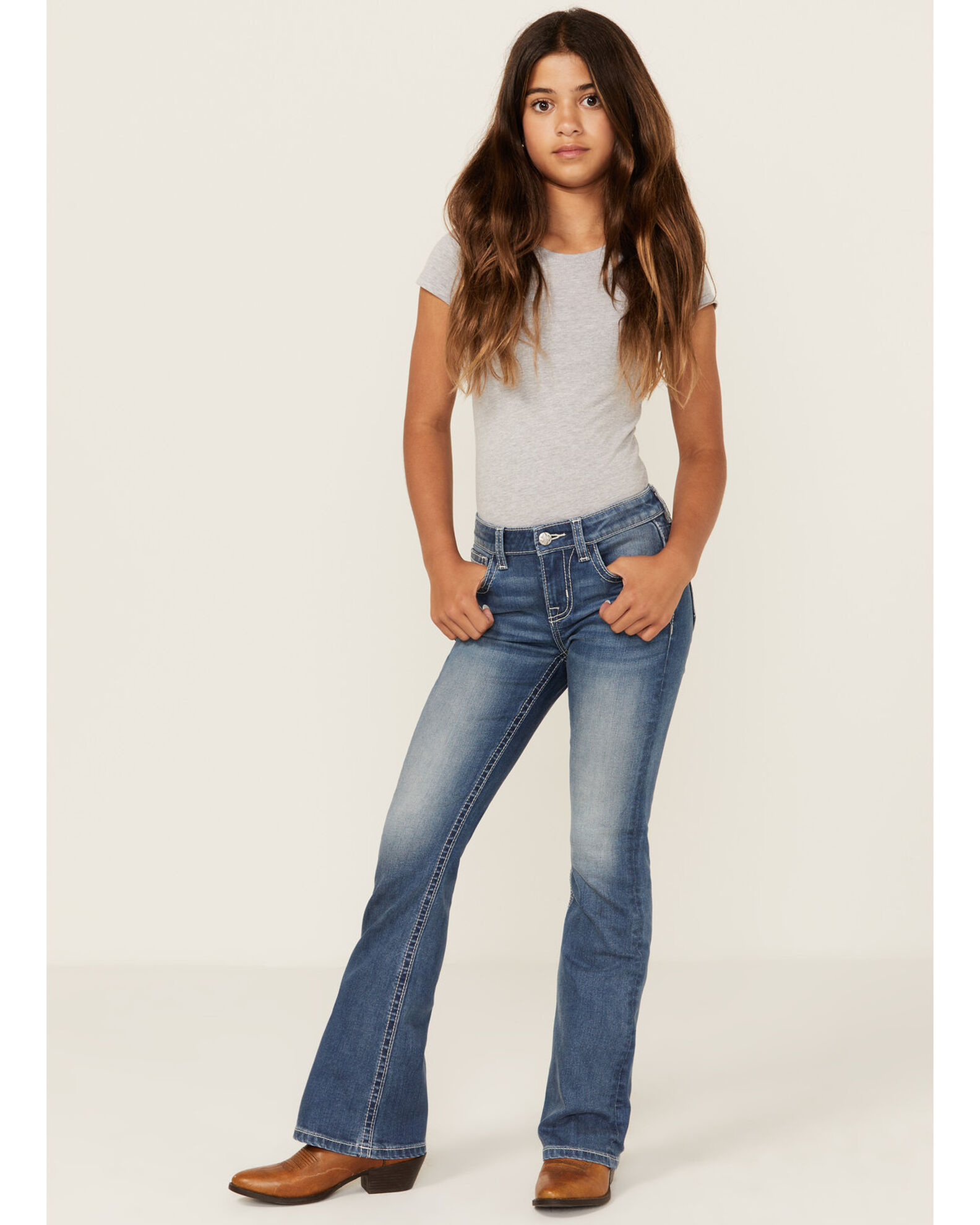 Image #3 - Miss Me Girls' Medium Wash Crisscross Faux Flap Pocket Bootcut Stretch Denim Jeans, Blue, hi-res