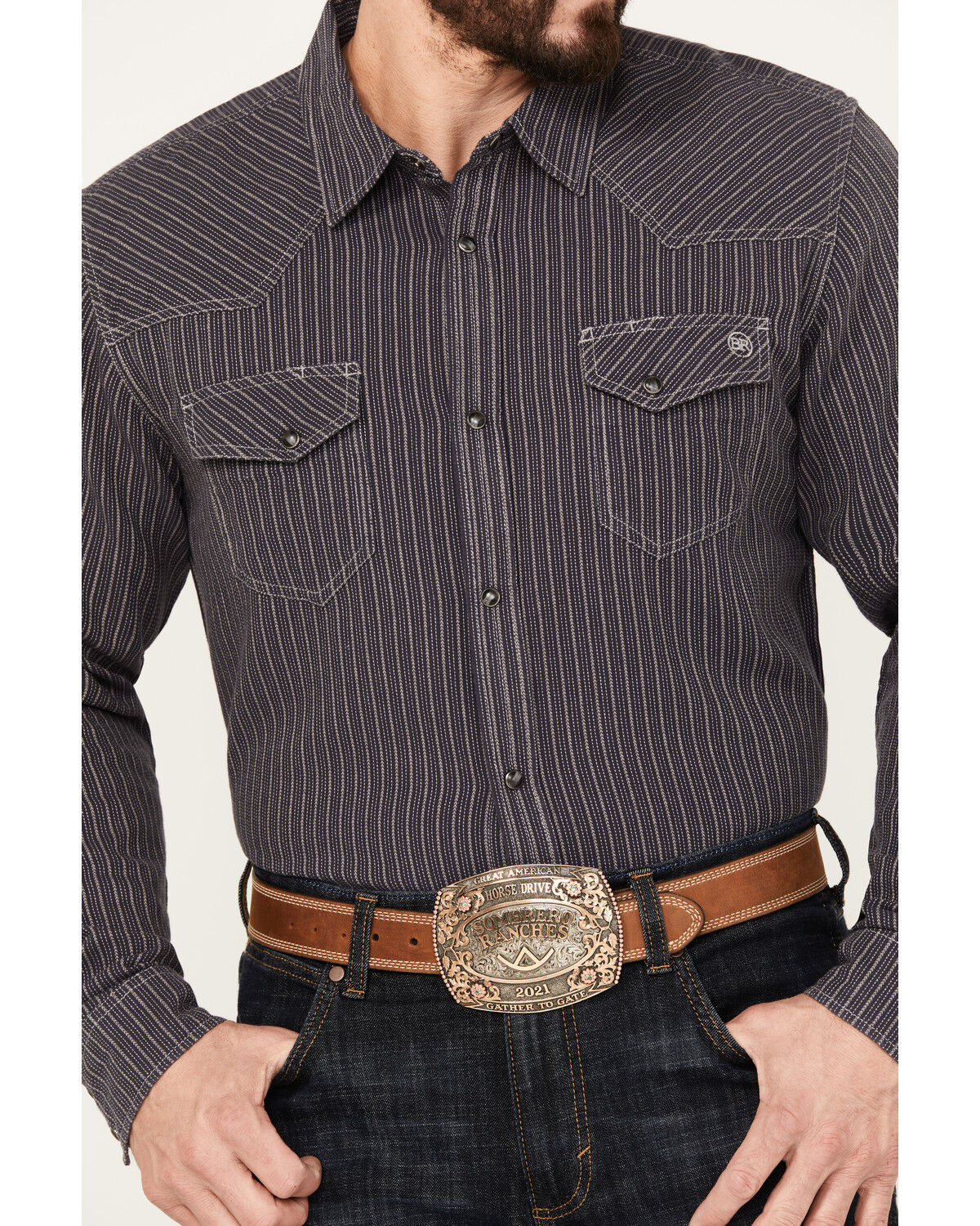 Image #3 - Blue Ranchwear Men's Laramie Striped Long Sleeve Western Snap Shirt, Dark Blue, hi-res