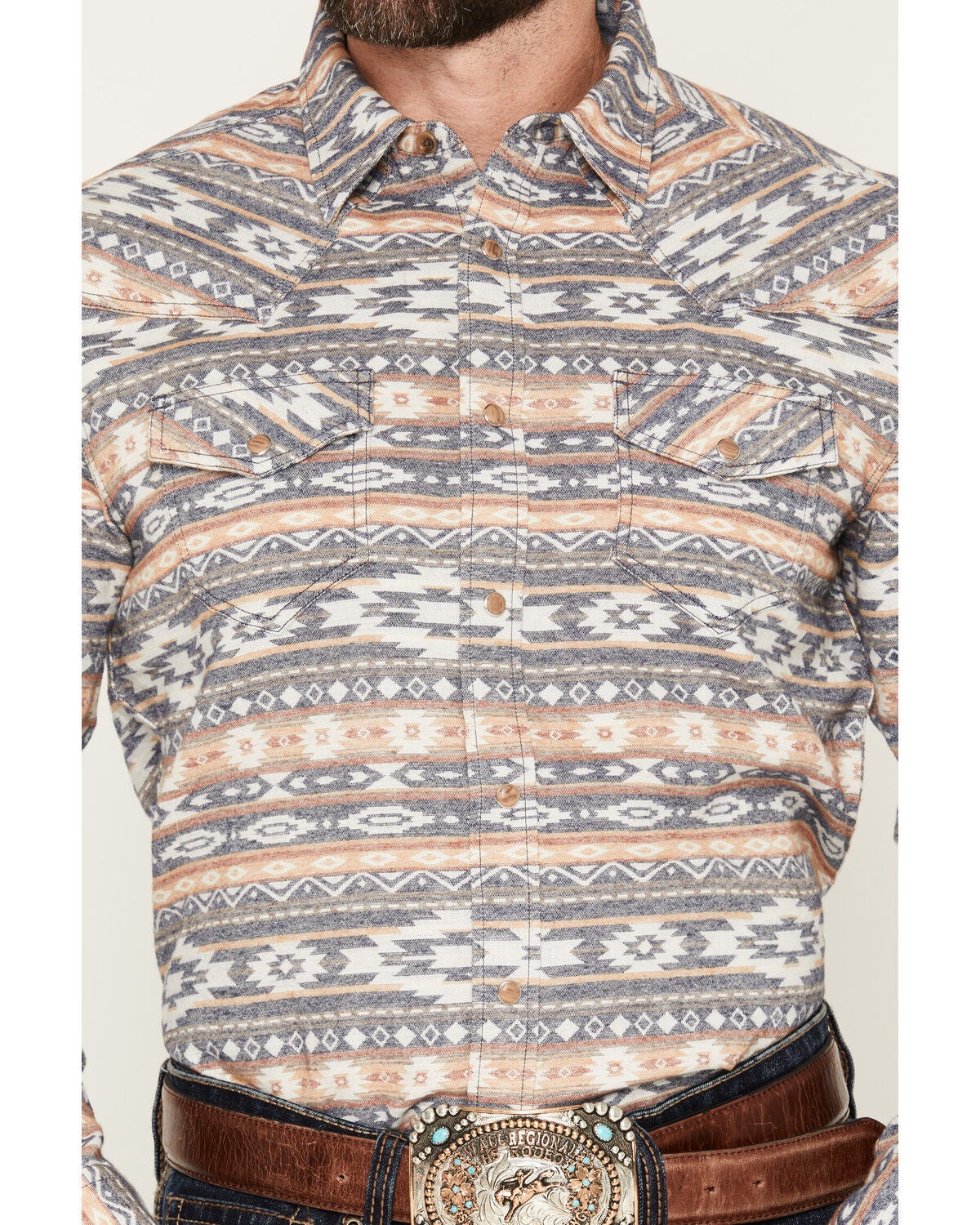 Image #3 - Cody James Men's Trading Post Southwestern Striped Long Sleeve Snap Western Shirt, Blue, hi-res