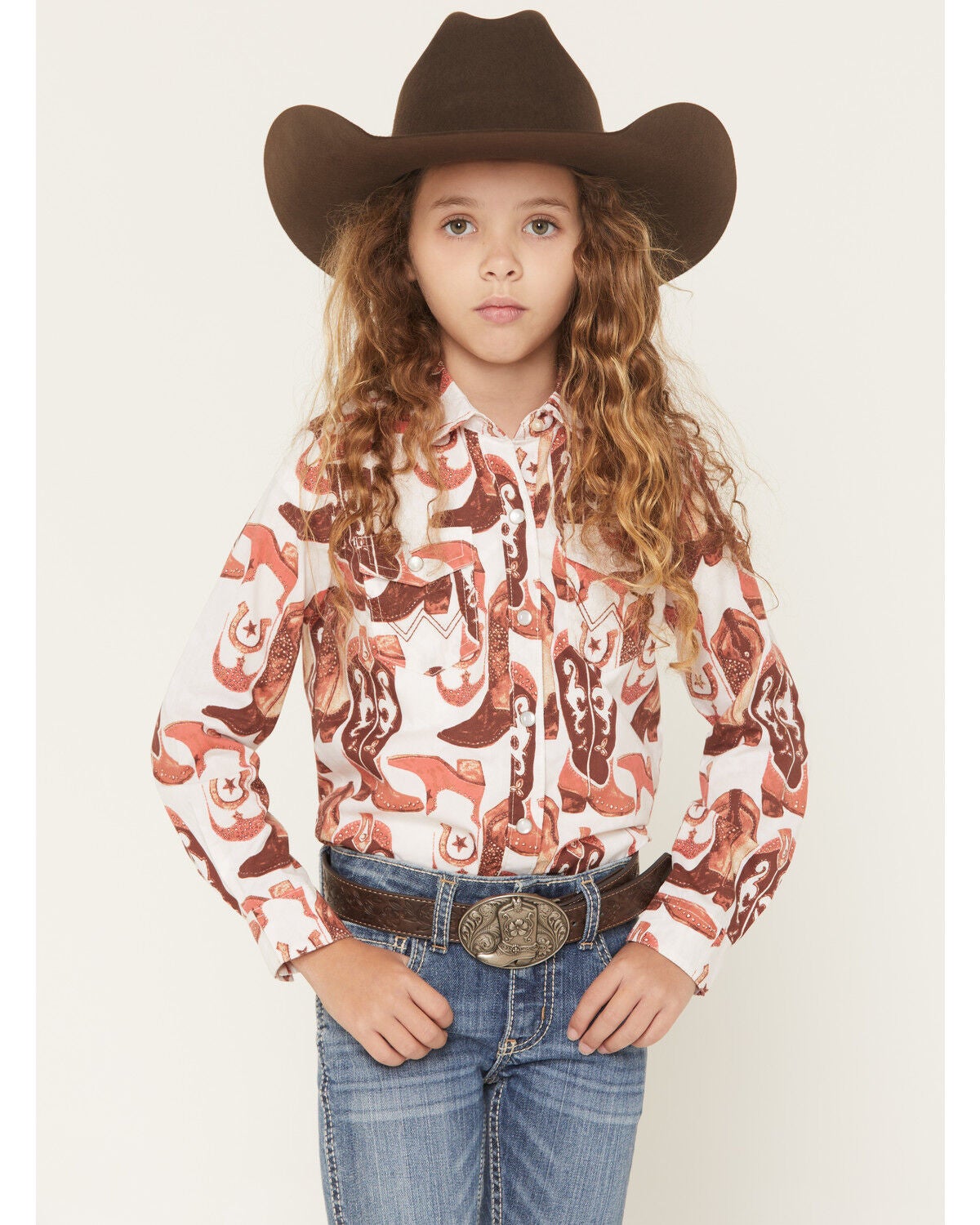 Wrangler Girls' Boot Print Long Sleeve Pearl Snap Western Shirt, White, hi-res