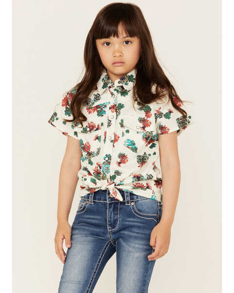 Shyanne Girl's Floral Print Short Sleeve Tie Front Western Pearl Snap Shirt, Ivory, hi-res