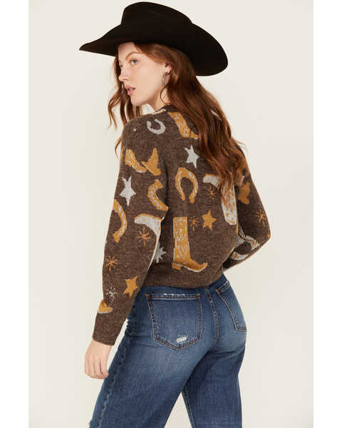Image #4 - Cotton & Rye Women's Boots and Horseshoe Metallic Sweater , Brown, hi-res