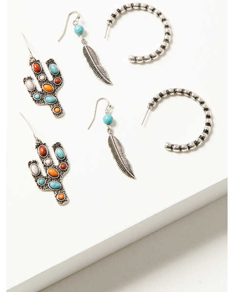 Image #1 - Shyanne Women's Cactus Feather Hoop Earring Set - 3 Piece, Silver, hi-res