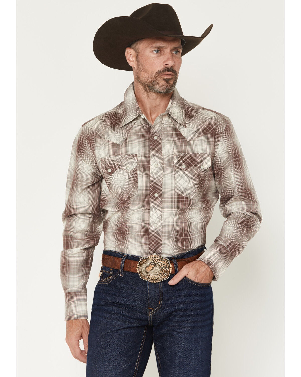 Wrangler Retro Men's Plaid Print Long Sleeve Snap Western Shirt, Brown, hi-res