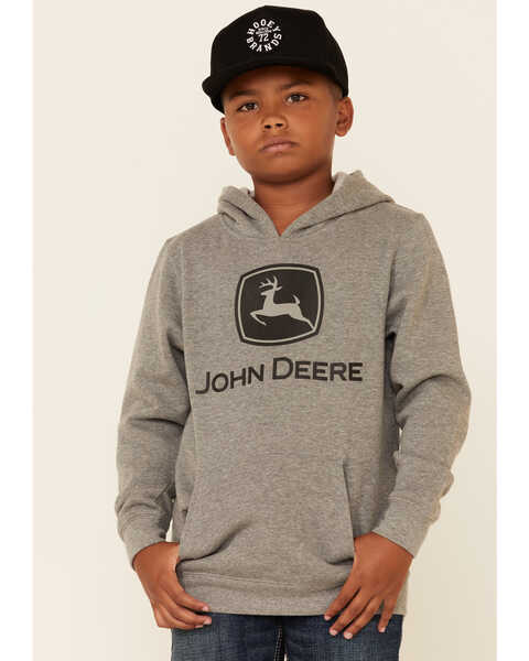 John Deere Boys' Trademark Logo Sleeve Graphic Hooded Sweatshirt , Grey, hi-res
