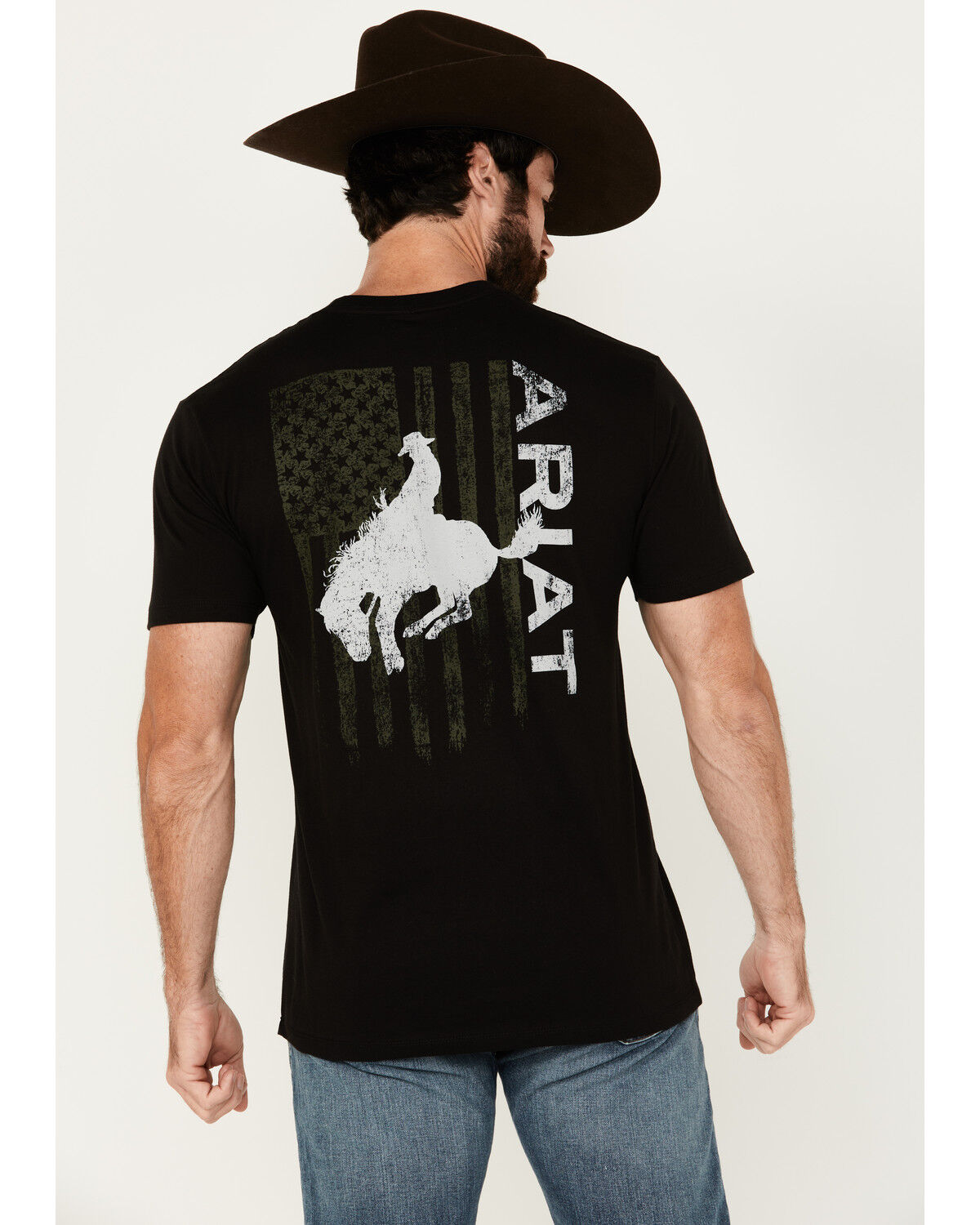 Image #1 - Ariat Men's Boot Barn Exclusive Bronco Flag Short Sleeve Graphic T-Shirt, Black, hi-res
