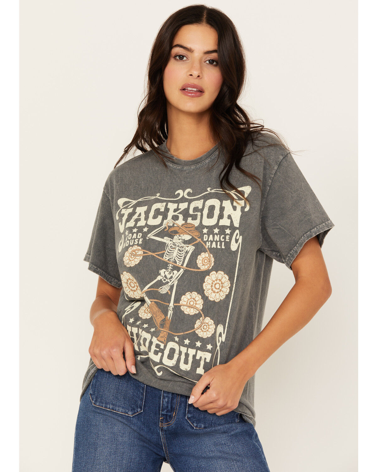 Image #1 - Youth in Revolt Women's Jackson Hideout Skeleton Short Sleeve Graphic T-Shirt, Charcoal, hi-res