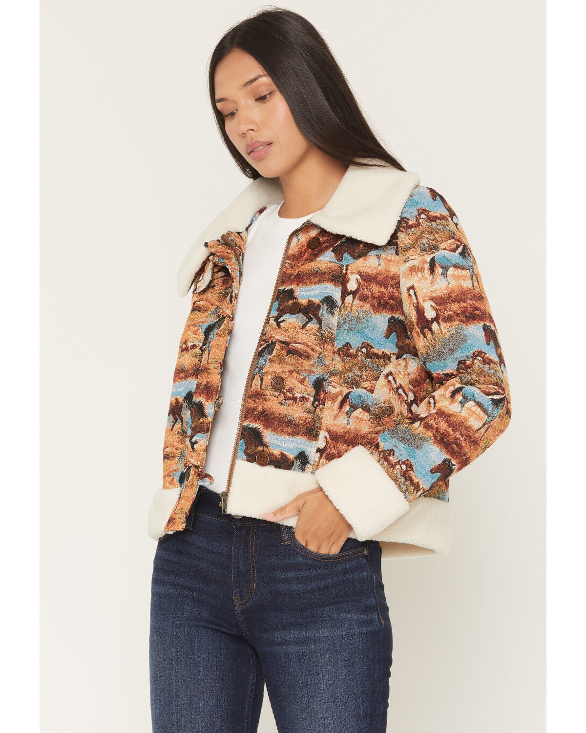 Rock & Roll Denim Women's Tapestry Sherpa Jacket, Moss Green, hi-res