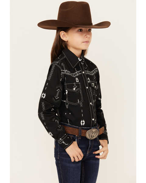 Image #2 - Cowgirl Hardware Girls' Skull Southwestern Print Long Sleeve Snap Western Shirt , Black, hi-res