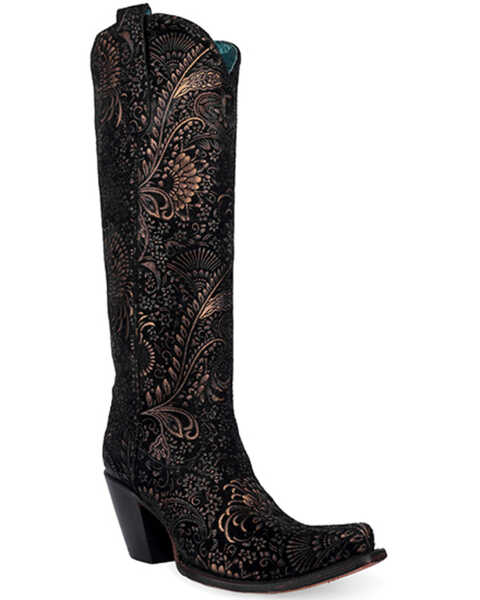 Corral Women's Floral Tall Western Boots - Snip Toe , Gold, hi-res