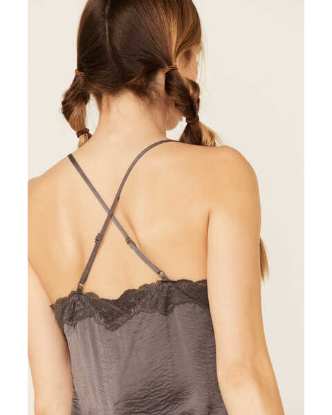 Image #5 - Wishlist Women's Satin Lace Button Front Tank Top, Charcoal, hi-res