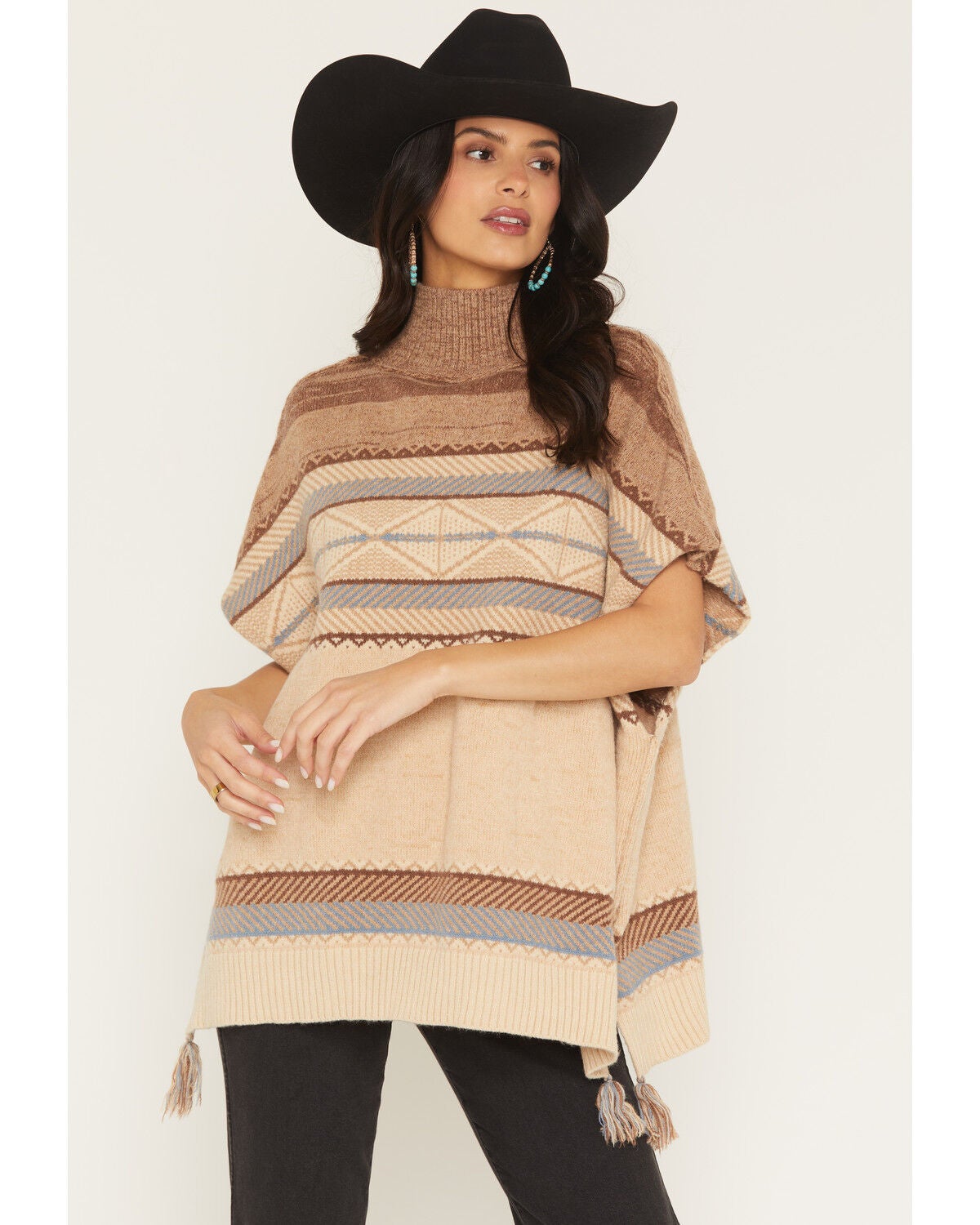Image #1 - Cotton & Rye Women's Striped Poncho Sweater, Brown, hi-res