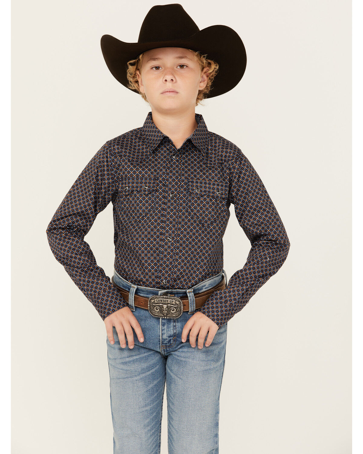 Image #1 - Cody James Boys' Dotted Long Sleeve Snap Western Shirt, Dark Blue, hi-res