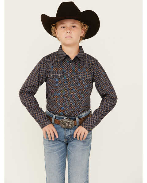 Image #1 - Cody James Boys' Dotted Long Sleeve Snap Western Shirt , Dark Blue, hi-res