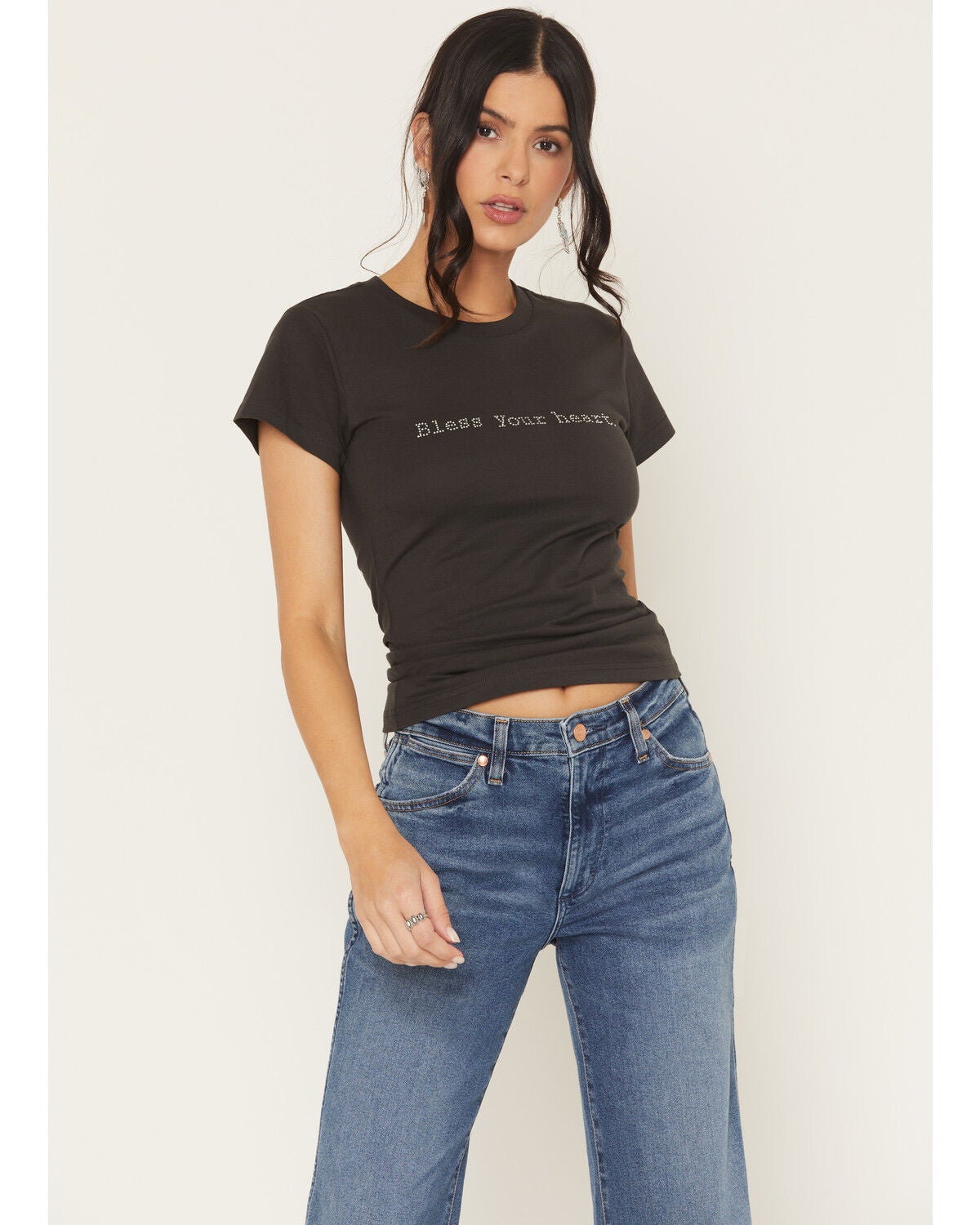 Image #1 - Wrangler Retro Women's Bless Your Heart Rhinestone Short Sleeve Tee, Black, hi-res