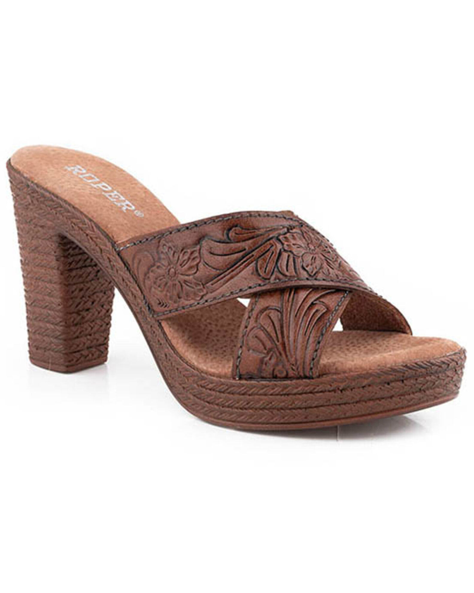 Roper women's tan tooled open toe fashion heel clearance