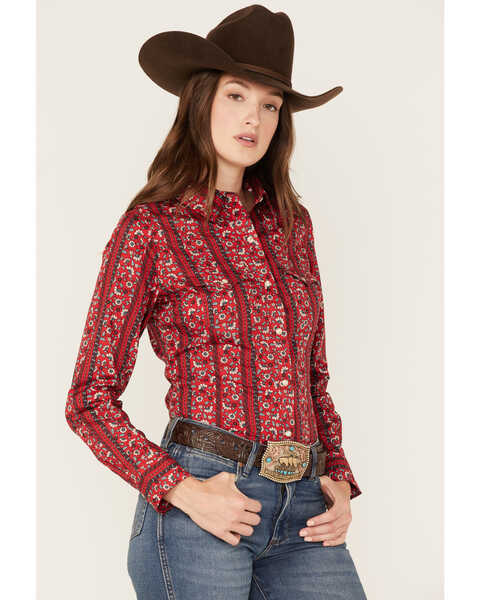 Wrangler Women's Floral Stripe Print Long Sleeve Snap Western Shirt, Red, hi-res