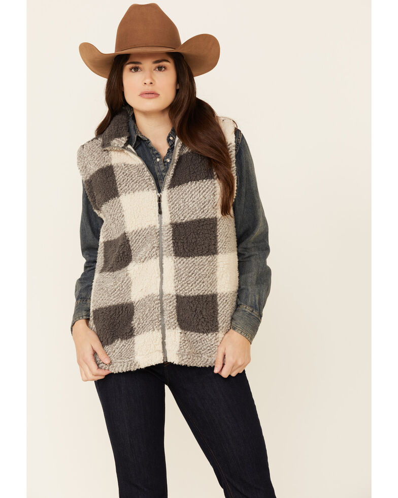 Stillwater Supply Women's Grey Buffalo Plaid Sherpa-Lined Zip-Front Vest , Grey, hi-res