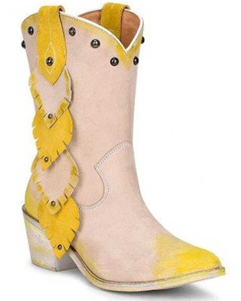 Corral Women's Painted Leaf Studded Western Boots - Snip Toe, Yellow, hi-res