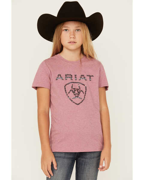 Image #1 - Ariat Girls' Ariat Logo Short Sleeve Graphic Tee, Pink, hi-res