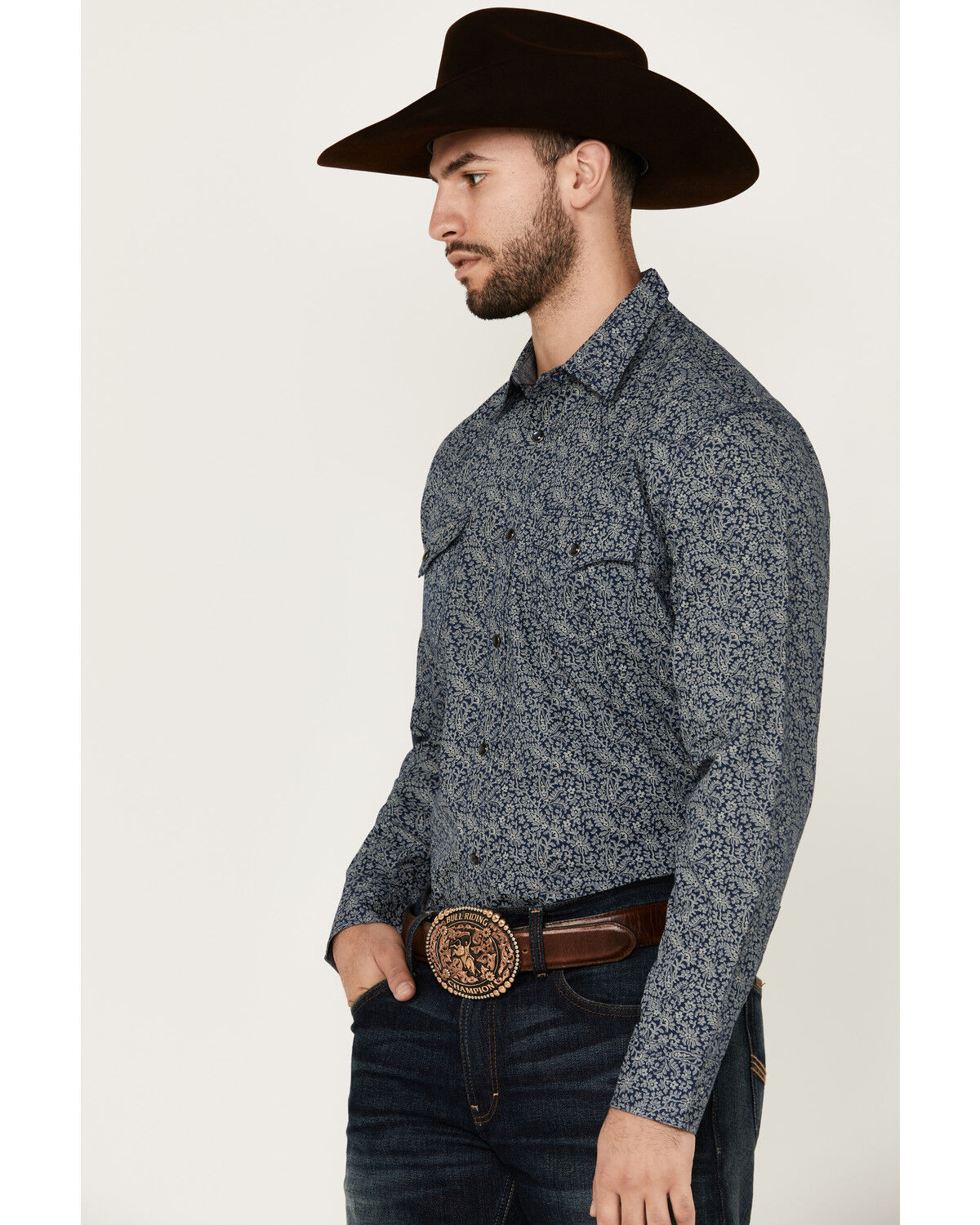 Image #2 - Cody James Men's Grande Floral Print Long Sleeve Pearl Snap Western Shirt, Navy, hi-res