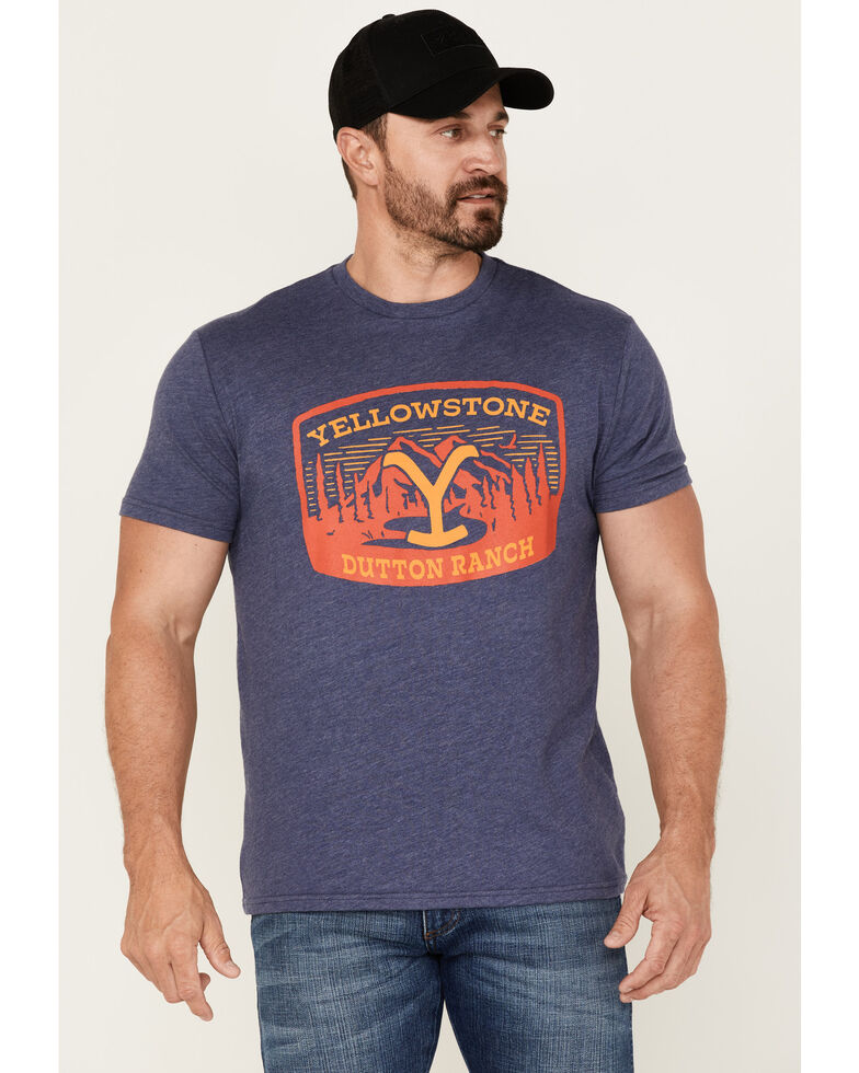 Wrangler Men's Heathered Yellowstone Dutton Ranch Scenic Graphic T-Shirt , Navy, hi-res
