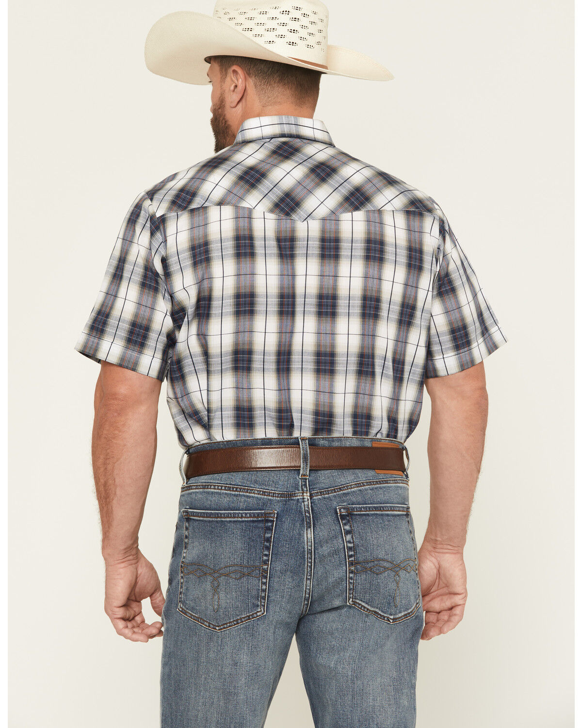 Image #4 - Ely Walker Men's Plaid Print Short Sleeve Snap Western Shirt, Navy, hi-res