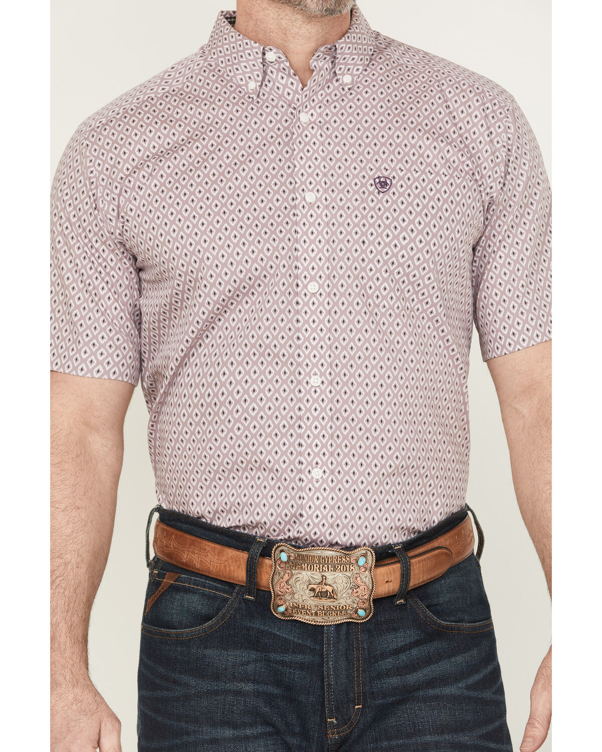 Image #3 - Ariat Men's Rafael Wrinkle Free Geo Print Short Sleeve Button-Down Western Shirt, Light Purple, hi-res