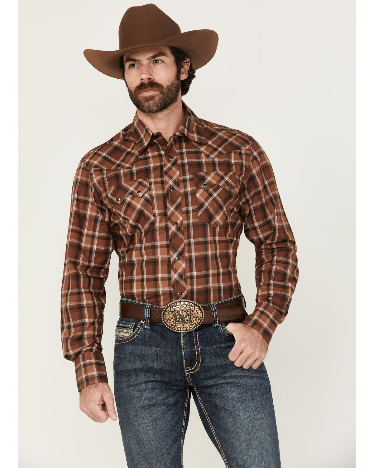 Image #1 - Wrangler Retro Men's Plaid Print Long Sleeve Snap Western Shirt, Brown, hi-res
