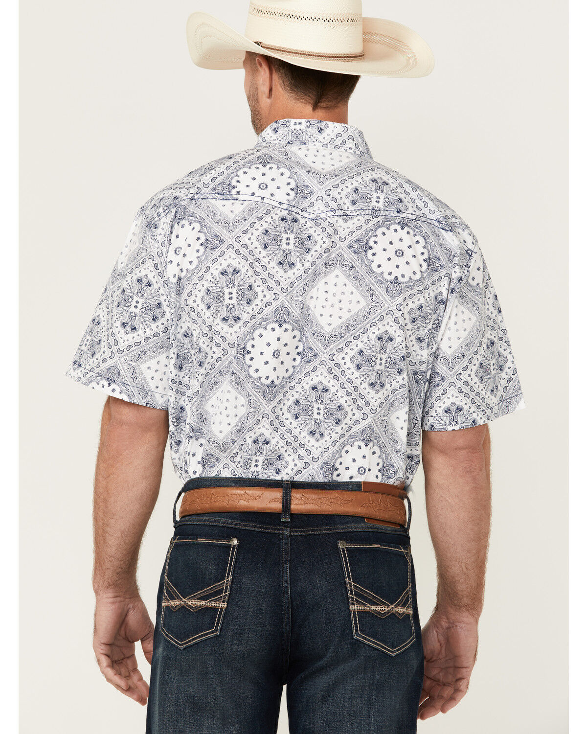 Image #4 - Cowboy Hardware Men's Boot Barn Exclusive Bandana Print Short Sleeve Snap Western Shirt, Navy, hi-res