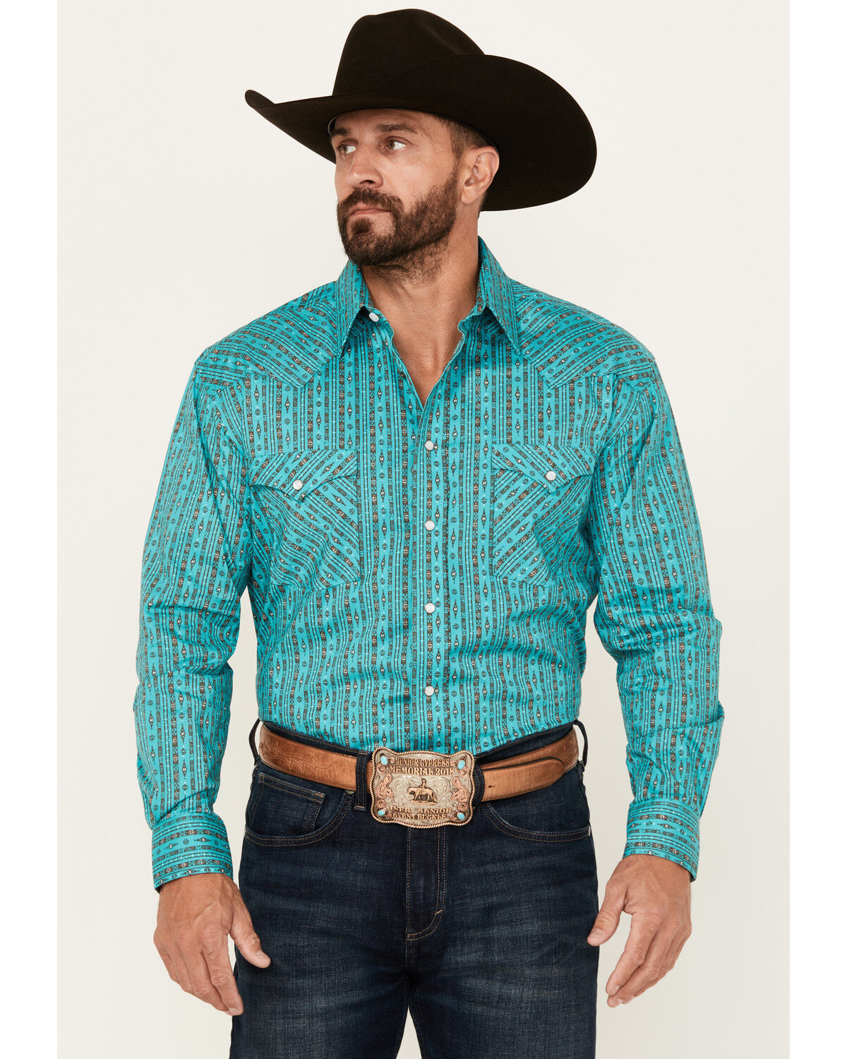 Image #1 - Rough Stock by Panhandle Men's Southwestern Striped Print Long Sleeve Pearl Snap Stretch Western Shirt, Turquoise, hi-res