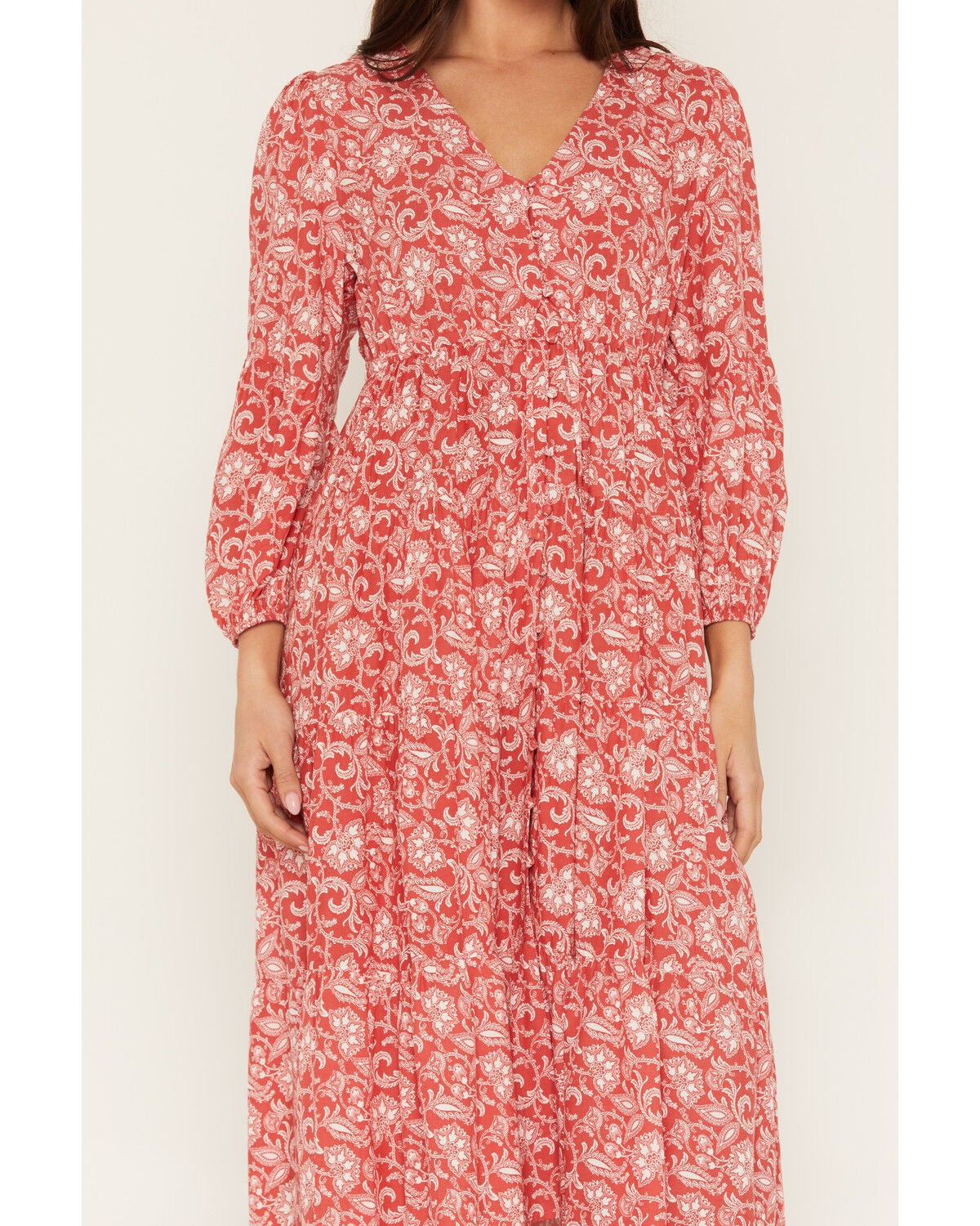 Image #3 - Panhandle Slim Women's Floral Paisley Print Long Sleeve Midi Dress, Red, hi-res