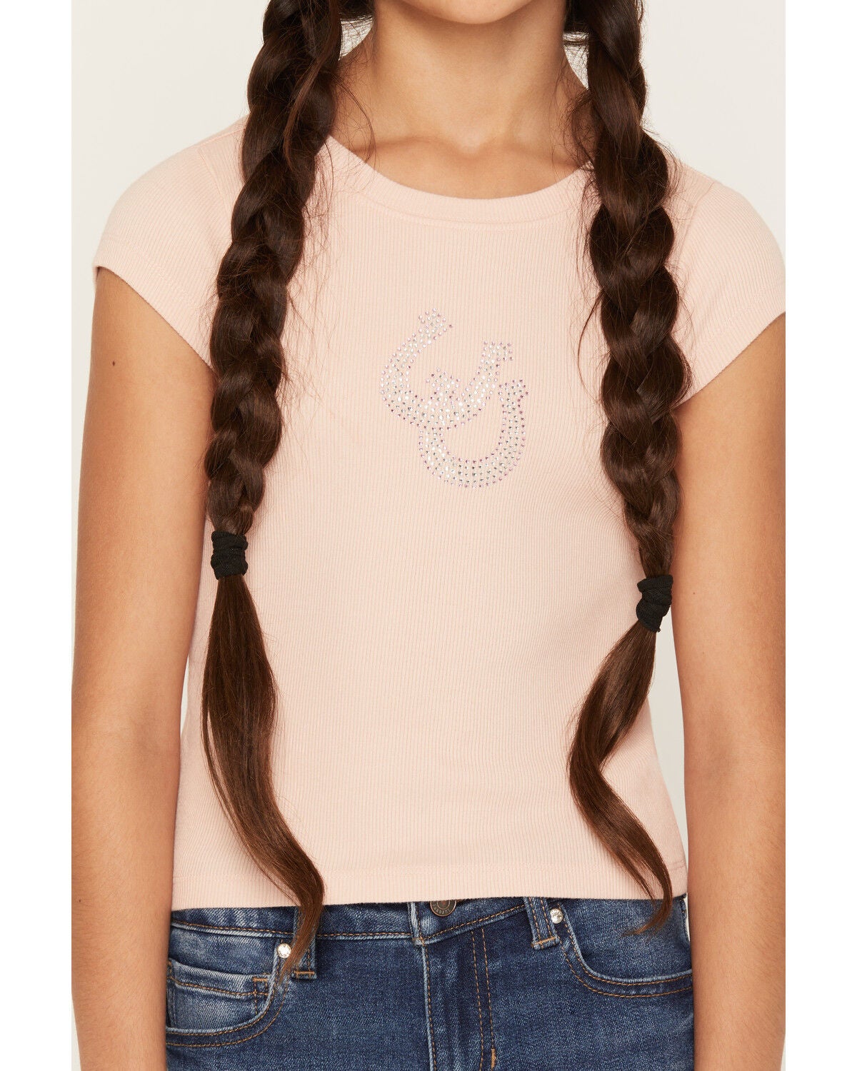 Image #3 - Shyanne Girls' Rhinestone Horseshoe Short Sleeve Tee, Blush, hi-res