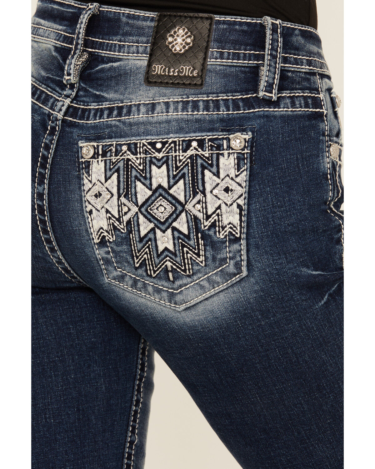 Image #2 - Miss Me Women's Dark Wash Mid Rise Geo Pocket 32" Bootcut Stretch Denim Jeans, Dark Wash, hi-res