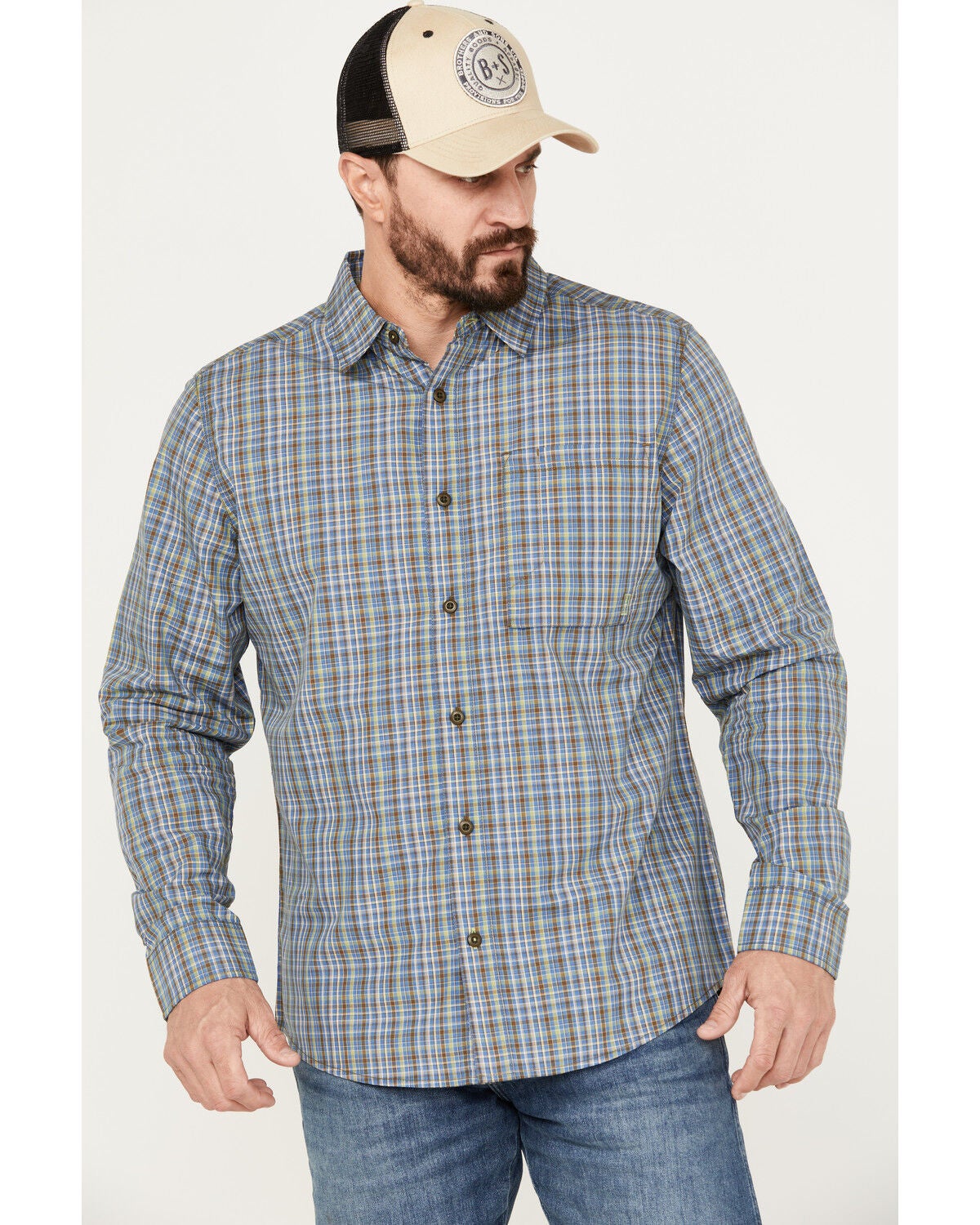 Brothers and Sons Men's Wewoka Plaid Print Long Sleeve Button-Down Western Shirt, Blue, hi-res