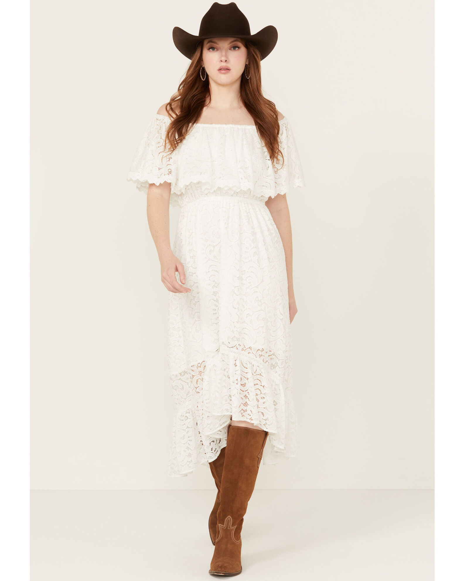 Off the shoulder lace midi dress clearance