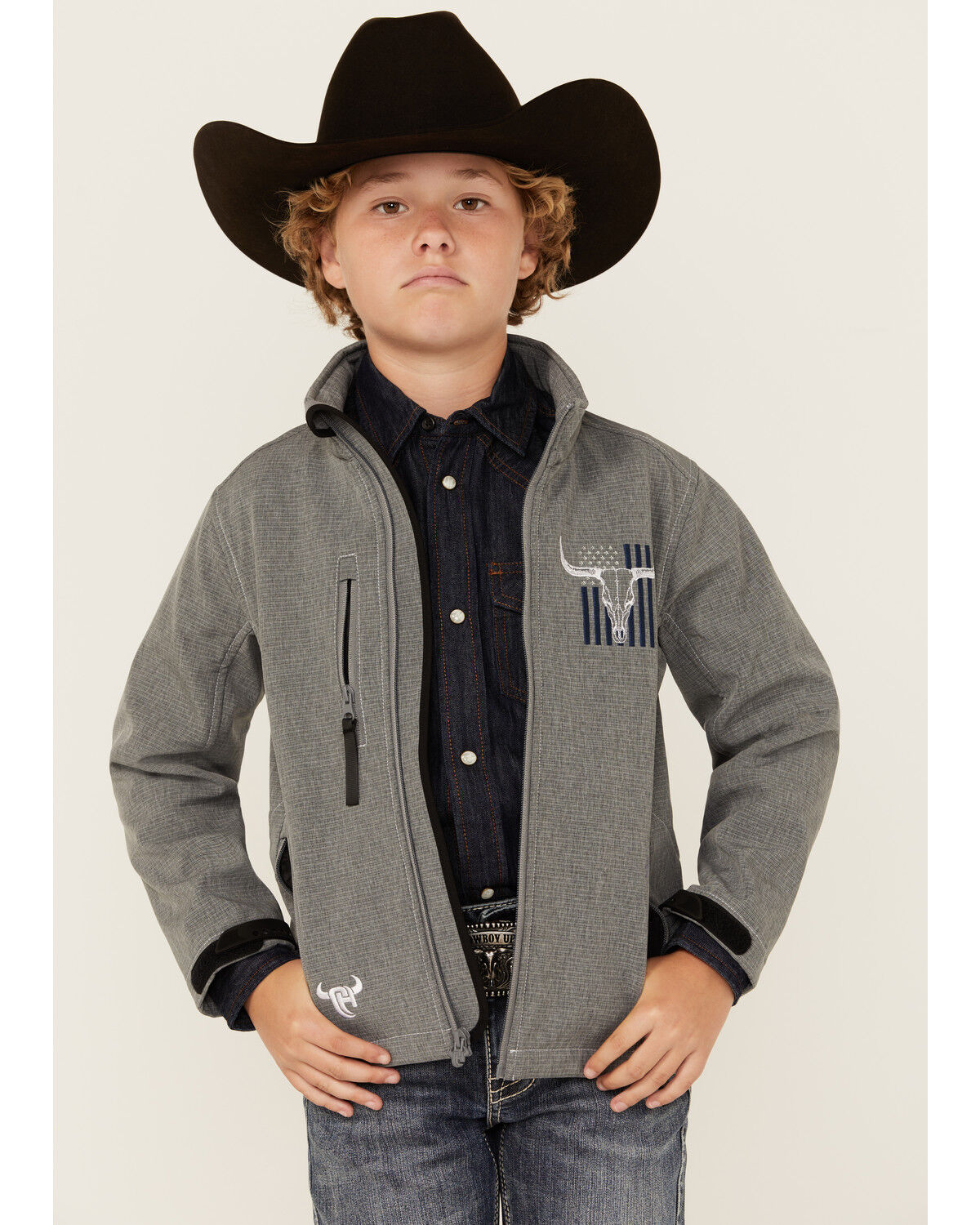 Image #1 - Cowboy Hardware Boys' Skull Flag Softshell Jacket, Grey, hi-res