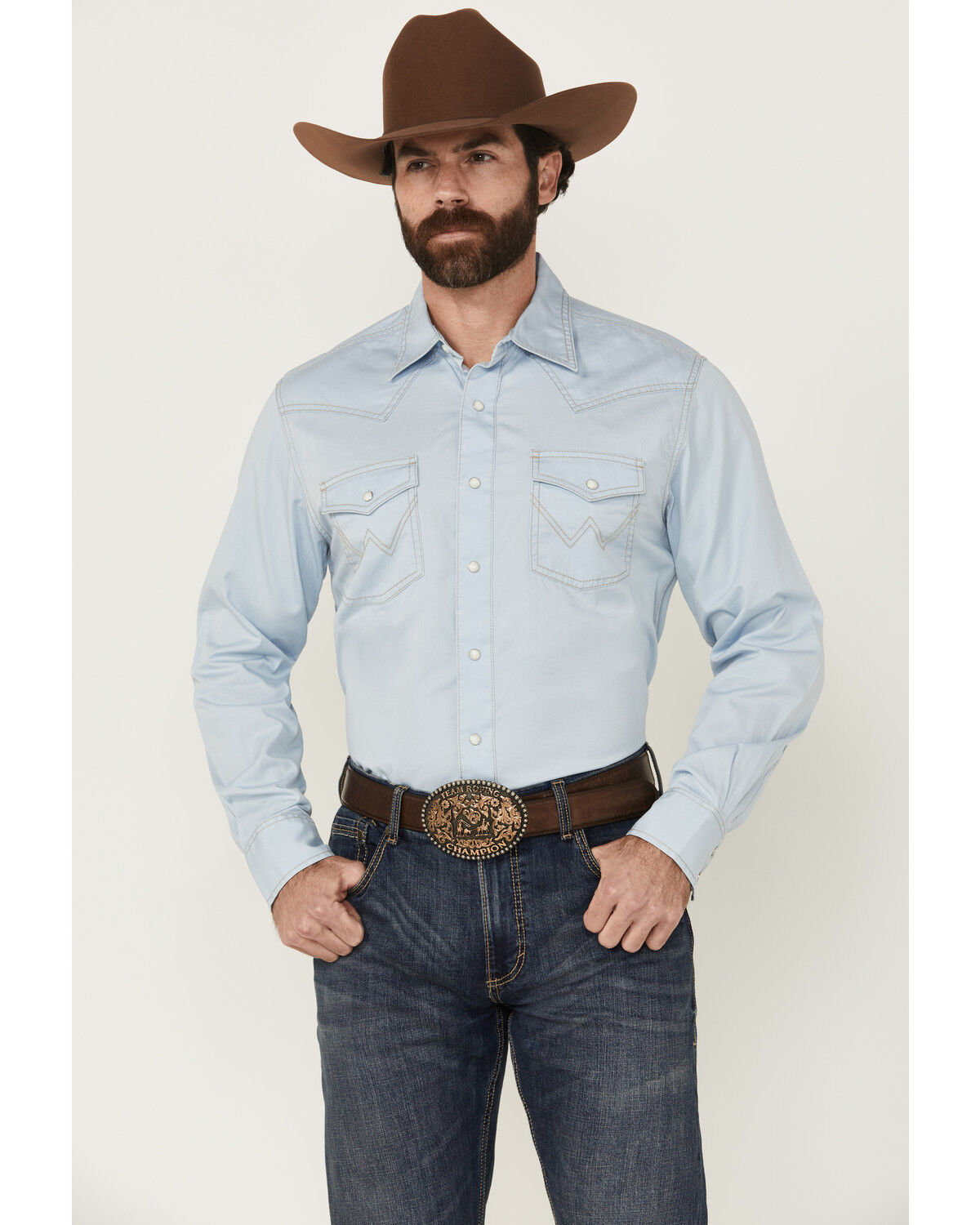 Image #1 - Wrangler Retro Men's Solid Long Sleeve Snap Western Shirt, Light Blue, hi-res