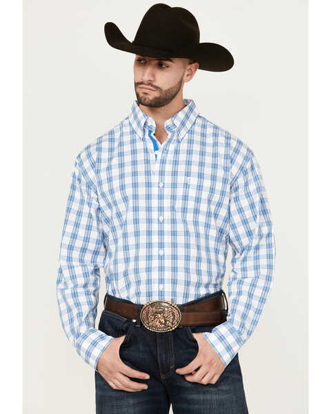 Image #1 - George Strait By Wrangler Men's Plaid Print Long Sleeve Button-Down Stretch Western Shirt - Big , White, hi-res
