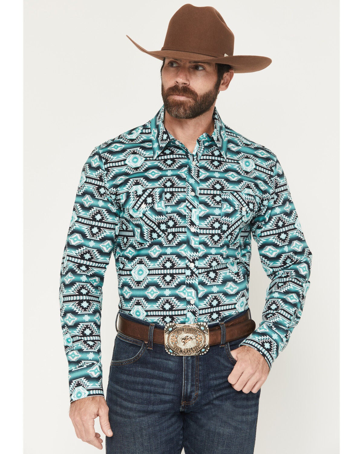 Rock & Roll Denim Men's Southwestern Print Long Sleeve Snap Stretch Western Shirt, Teal, hi-res