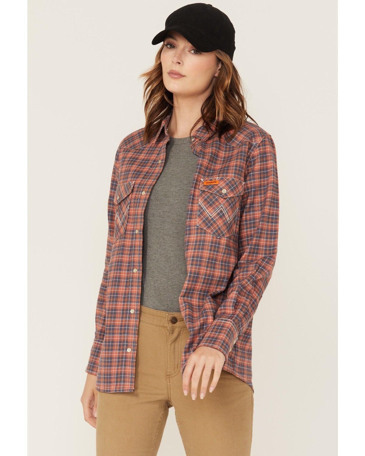 Wrangler Women's FR Plaid Print Long Sleeve Snap Work Shirt - Plus, Red, hi-res