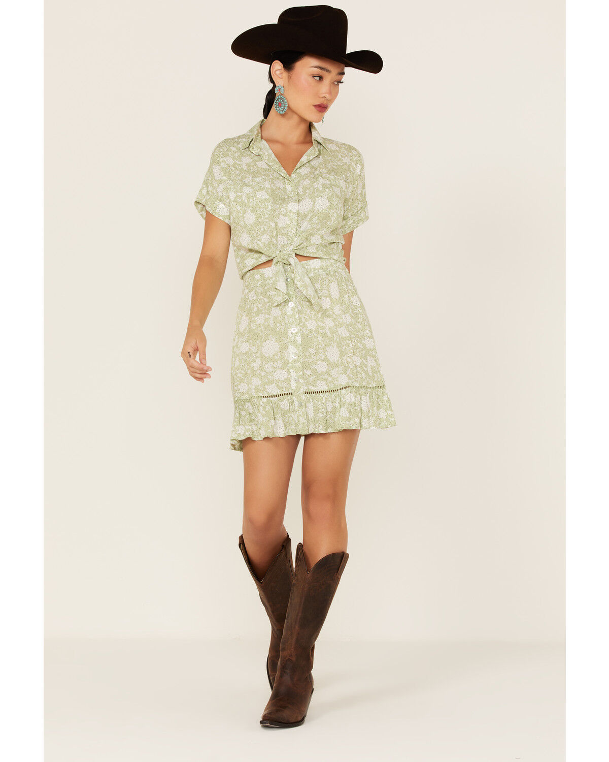 Image #1 - Shyanne Women's Floral Print Button Front Skirt, Seafoam, hi-res