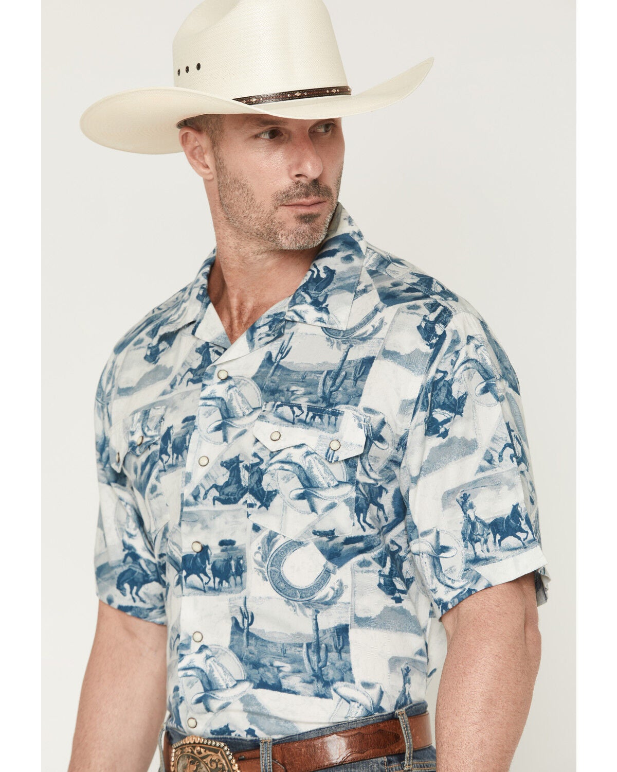 Image #2 - Wrangler Men's Coconut Cowboy Printed Short Sleeve Snap Western Shirt, Blue, hi-res