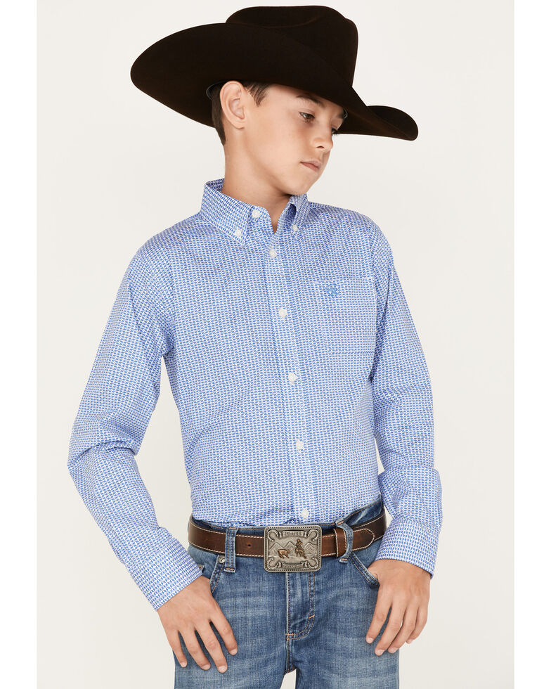 Ariat Boys' Diamond Dot Print Nory Classic Long Sleeve Button-Down Shirt, Blue, hi-res