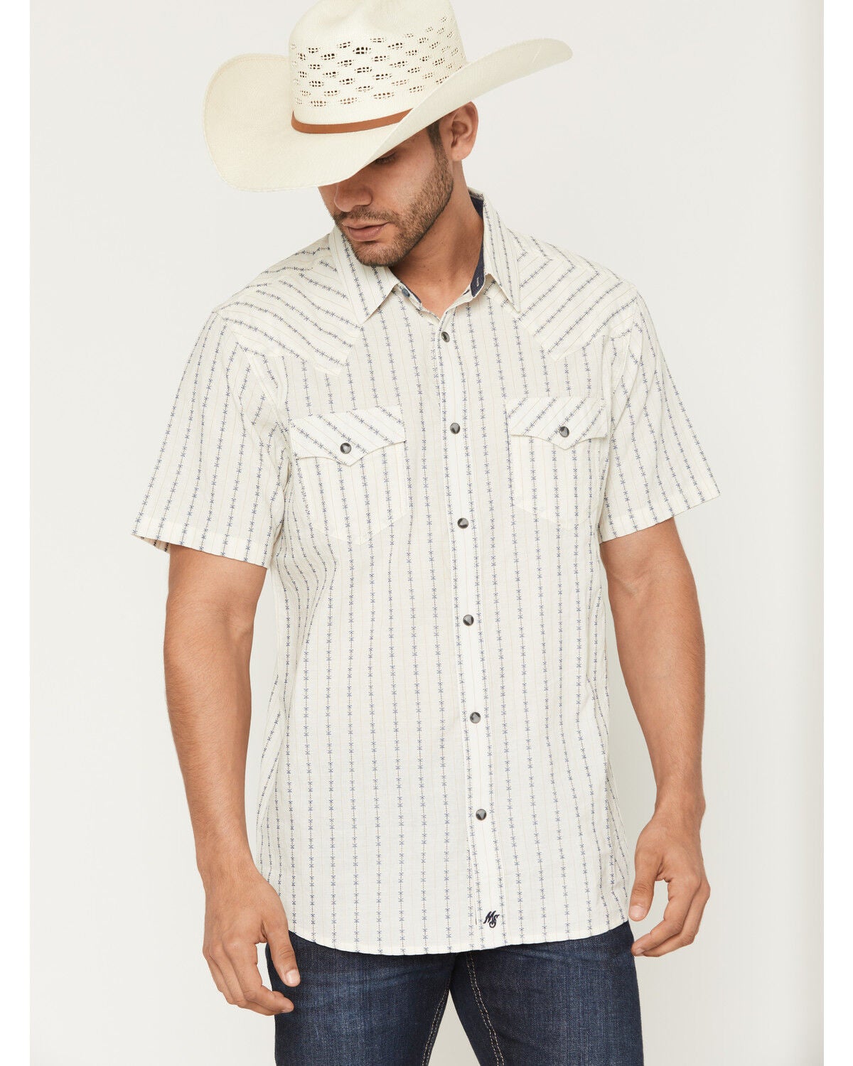 Moonshine Spirit&reg; Men's Happy Hour Striped Short Sleeve Snap Western Shirt, Ivory, hi-res