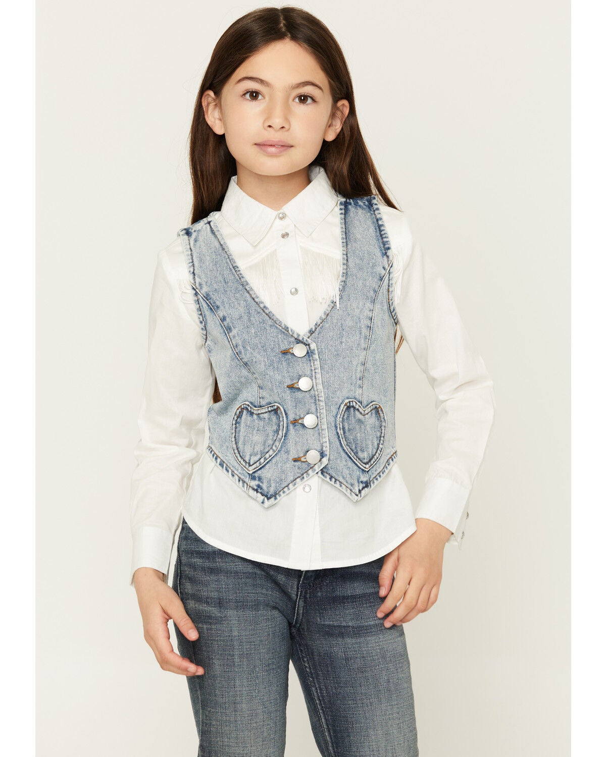 Image #1 - 26 International Girls' Denim Heart Pocket Vest, Medium Wash, hi-res