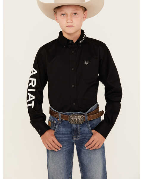 Ariat Boys' Team Logo Long Sleeve Button Down Western Shirt, Black, hi-res